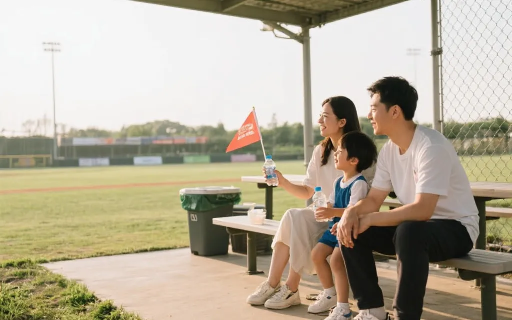 家庭在球场外休息区补水与整理物品，舒适观赛氛围