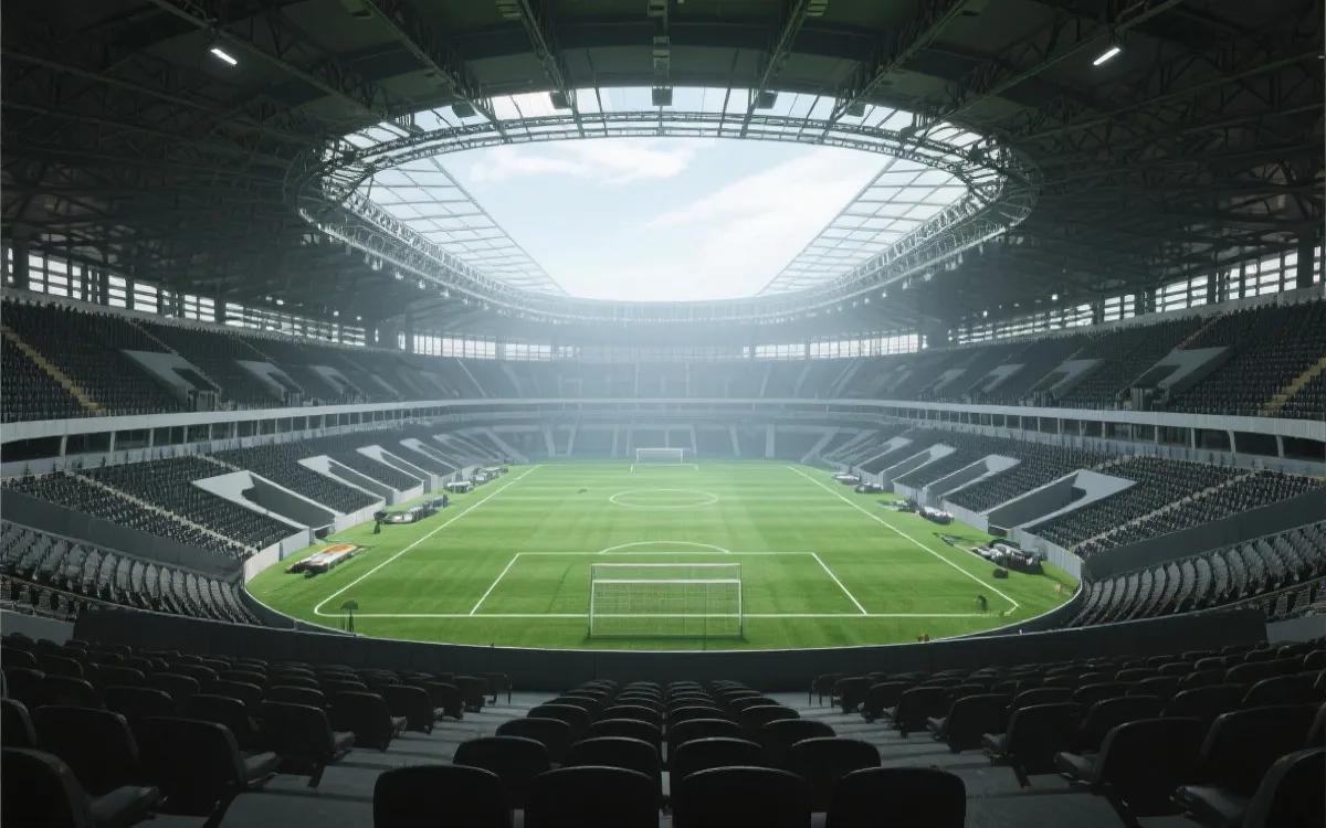 室内可控气候球场内部看台与通风出风口、草皮维护设备的氛围示意